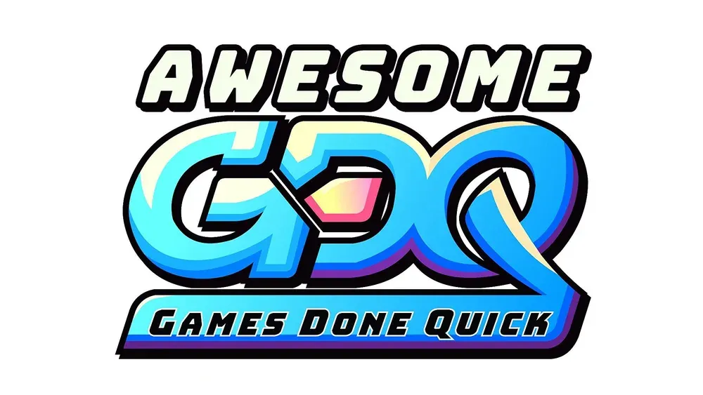 Logo for Awesome Games Done Quick 2023. It is stylized text on a white background reading "Awesome GDQ - Games Done Quick".