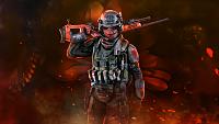 Soldier in red and black armor holding a rifle.
