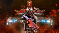 Soldier in red and black, holding an assault rifle and standing in front of a red and black tank.