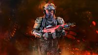Soldier in red and black armor holding an assault rifle.