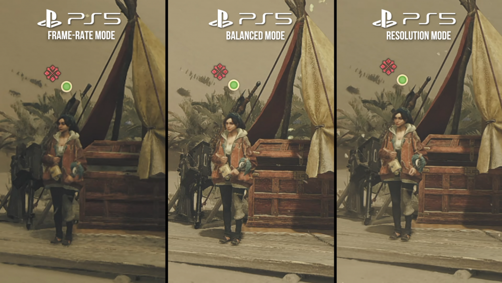 Three columns showing the visuals on PS5 in framerate mode, on PS5 in balanced mode, and on PS5 in resolution mode for Monster Hunter Wilds.