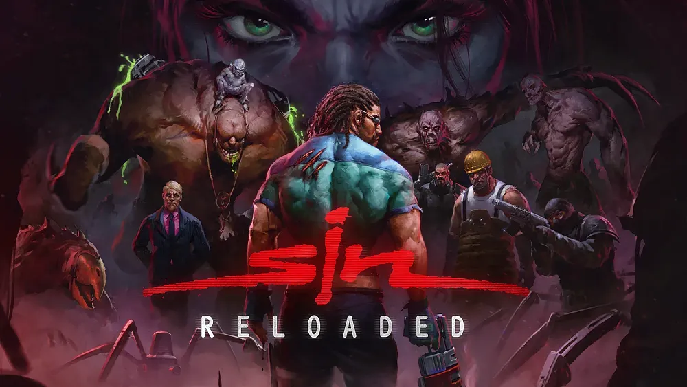 A key art poster for "SiN RELOADED" featuring a muscular, dreadlocked male protagonist standing centrally amidst a dark and chaotic scene. He is surrounded by various sinister and mutated figures, as well as armed humans, all under the gaze of a large, glowing-eyed face in the background.