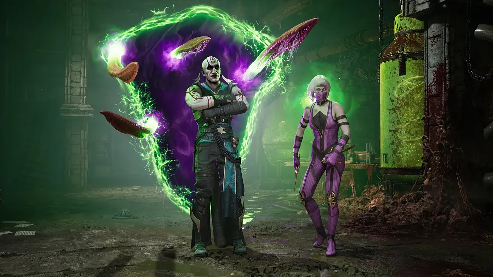 A screenshot from Mortal Kombat 1 with a focus on the character Quan Chi.