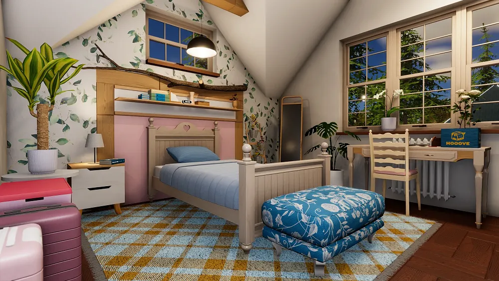 A screenshot of a made over bedroom from a house flipping game.