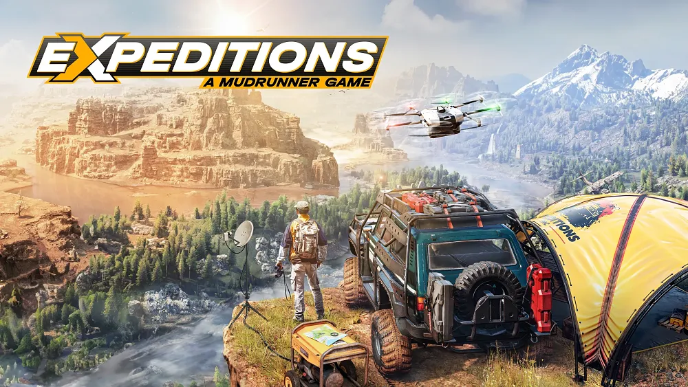 Offroad vehicle and man overlooking a wild, muddy landscape.