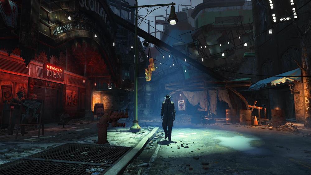 A person in a hat and trenchcoat walking down a dark street lit only by neon light signs and dim overhead lights.