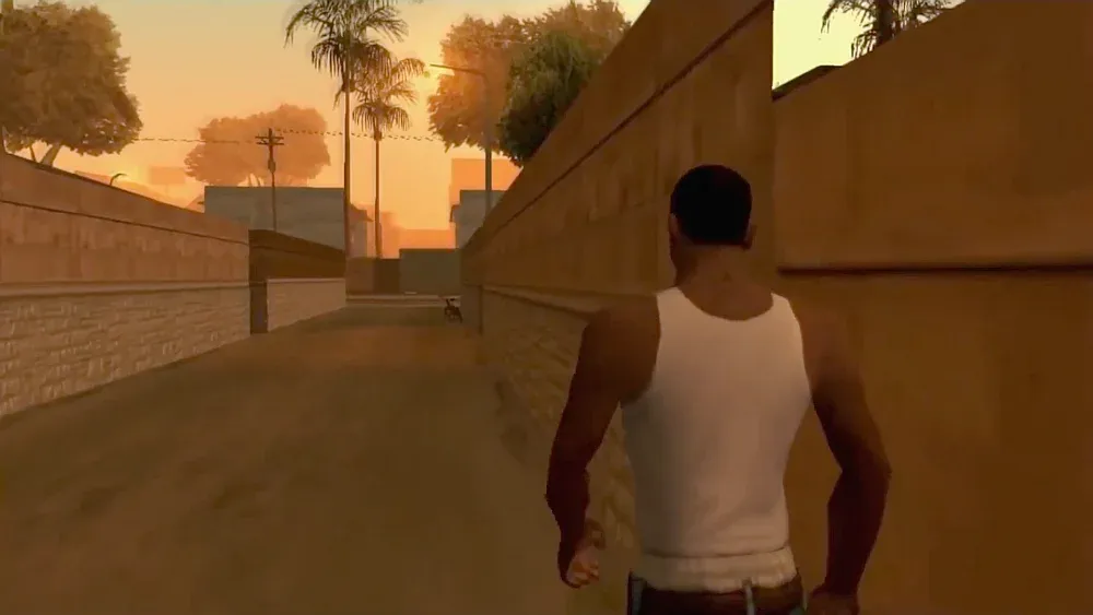 The main character of Grand Theft Auto: San Andreas walking down an alley. It's the scene where he says, "Aw shit, here we go again."