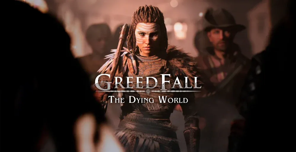 Key art for GreedFall: The Dying World showing a woman with braided hair staring at the camera as she holds either a stick or a rifle.