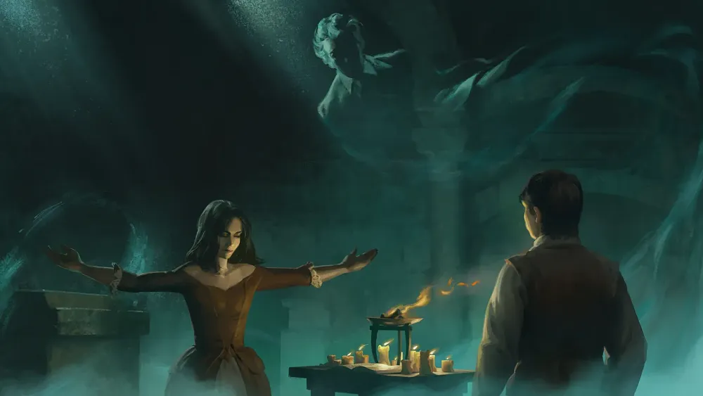 A digital painting depicting a seance, with a woman in a brown dress channeling a ghostly figure in a dark, candlelit chamber as a man watches.