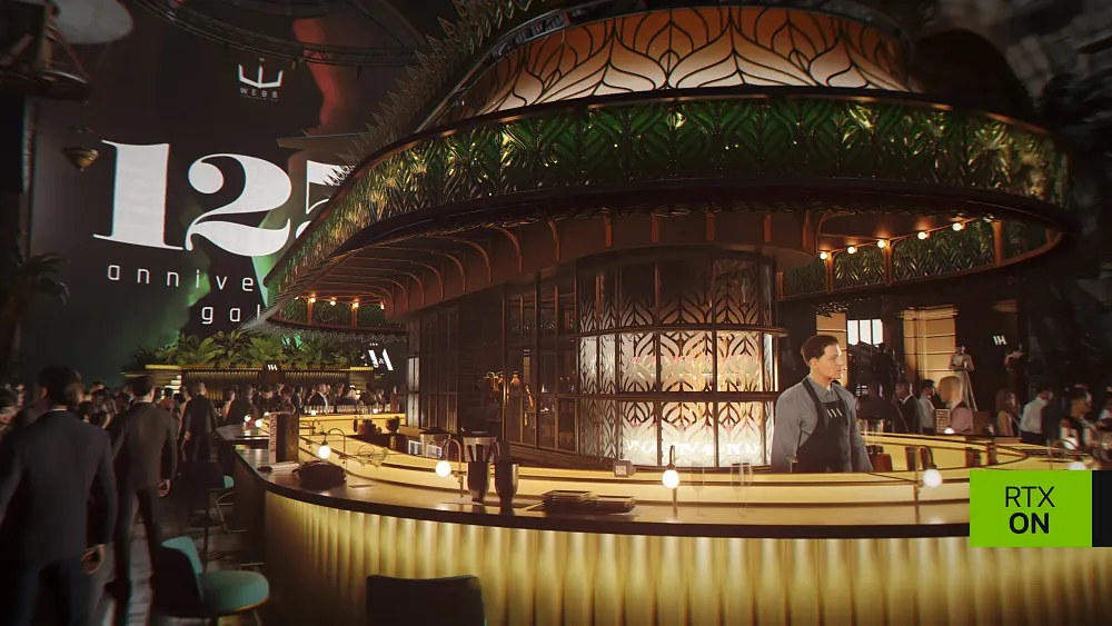 A bar and party scene from 007 First Light showing path tracing turned on for the game's visuals.