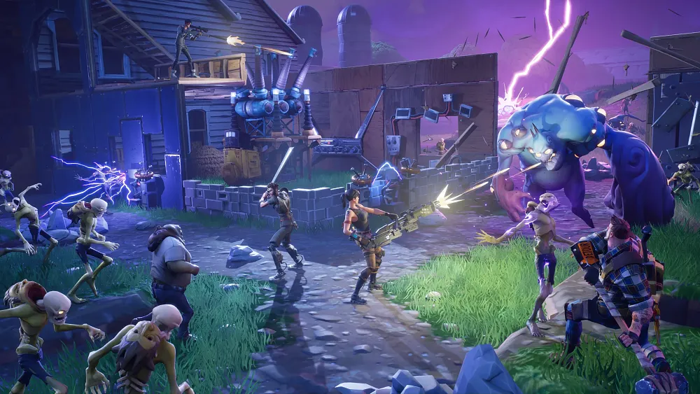 A screenshot showing three players working together to take on zombies and various large monstrosities in Fortnite: Save the World.