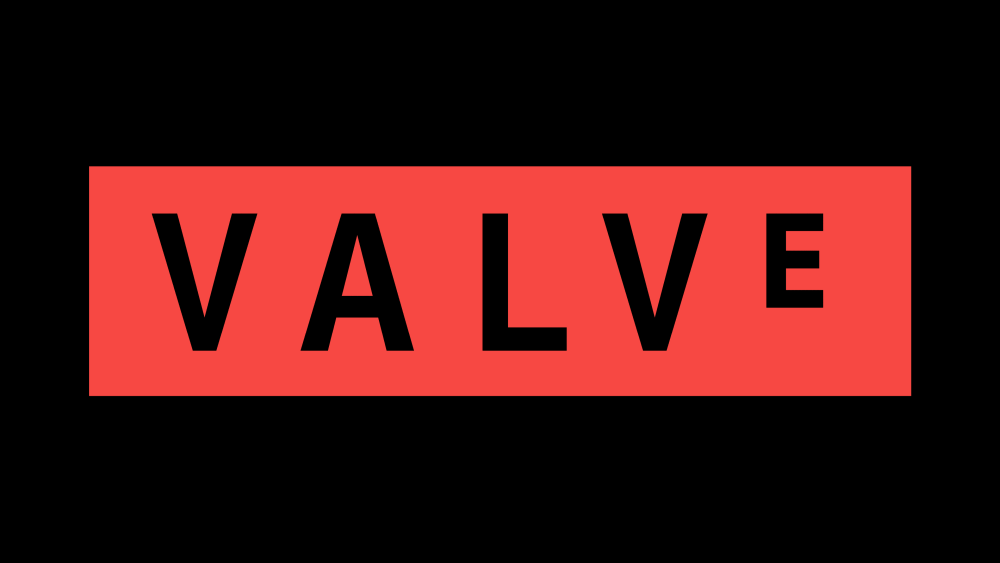The Valve text logo. Black text that says "Valve" over a red stripe, all over a black background.