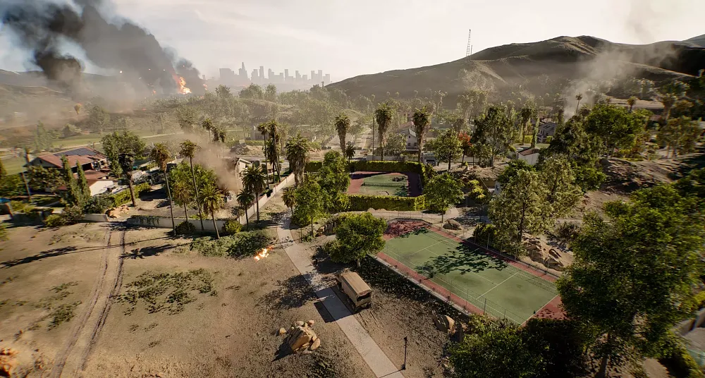 An image of an upscale, suburban town on the west coast of the US.