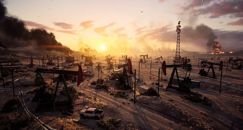 Image of the Blackwell Fields map coming to Battlefield 6. The image shows several oil mining machines.
