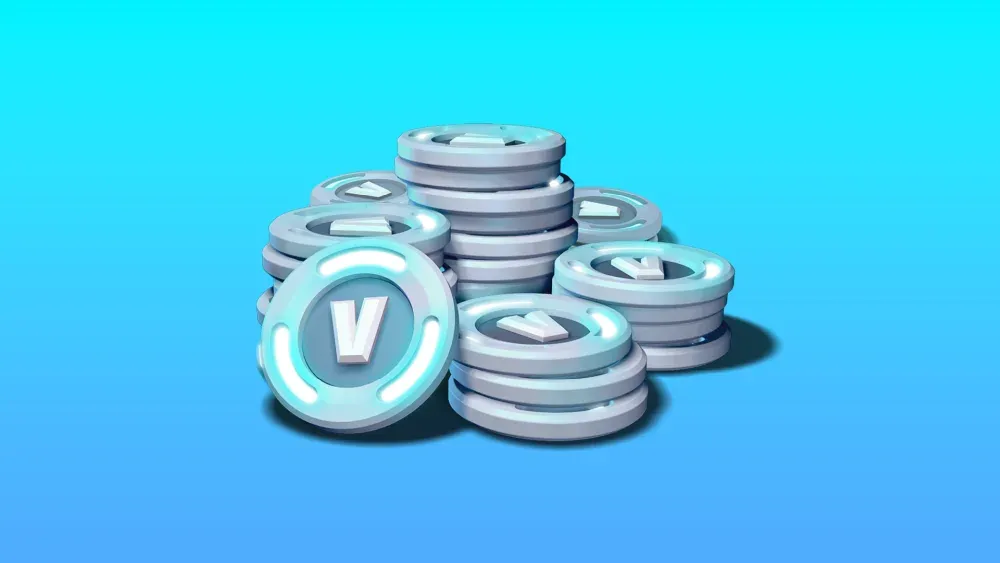 A digital rendering of the fake currency, V-Bucks, from Fortnite.