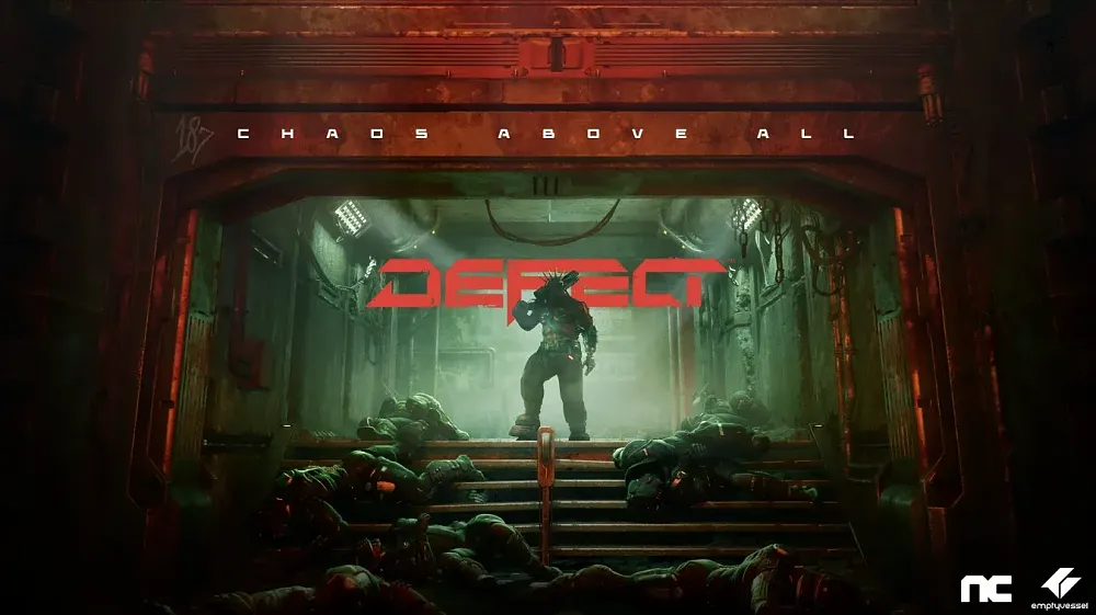 Gritty cyberpunk key art for the game "DEFECT" featuring a lone, heavily armed soldier standing in a dark, industrial hallway littered with defeated enemies under a "CHAOS ABOVE ALL" tagline.