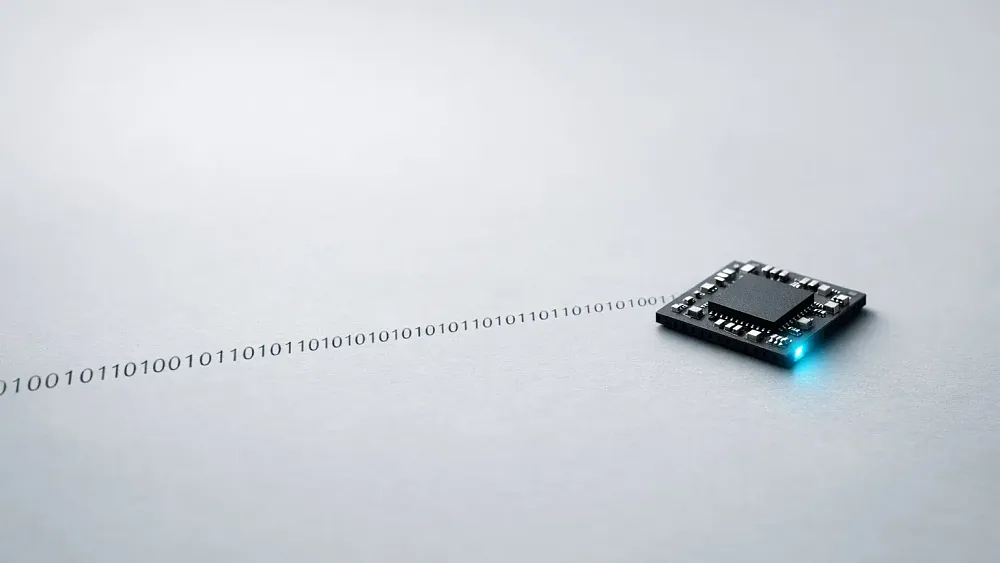 A trail of 1s and 0s (binary code) trailing off of a processor chip.