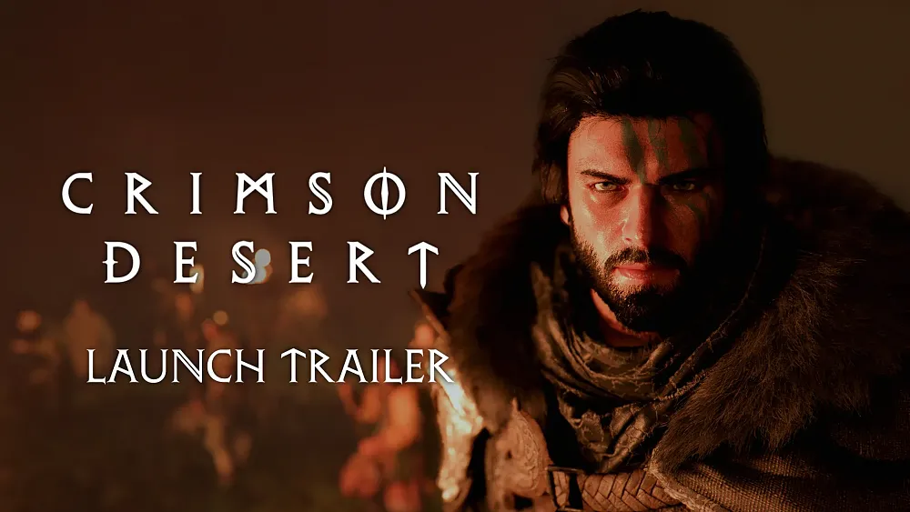 Art promoting the launch trailer for Crimson Desert with a bearded man with light armor looking at the camera.
