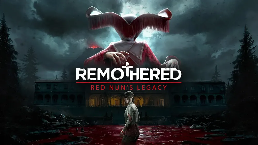 Key art for the horror game Remothered: Red Nun's Legacy, featuring a towering figure with a massive red headpiece looming over a dark manor and a woman standing in a pool of blood.