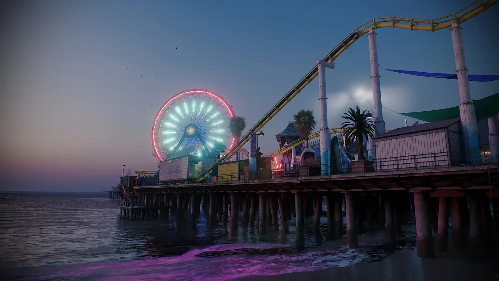 A distant view of a pier with a Farris wheel adorned with neon lights.
