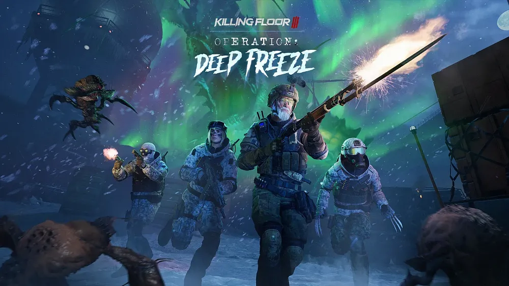 Key artwork for the Operation Deep Freeze content update for Killing Floor 3. It shows a squad of four humans in warm clothing and various weaponry fighting mutated monsters in Antarctica.