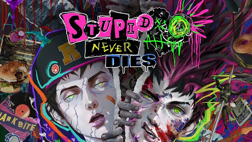 Key art for Stupid Never Dies showing a zombie and a lot of striking artwork.