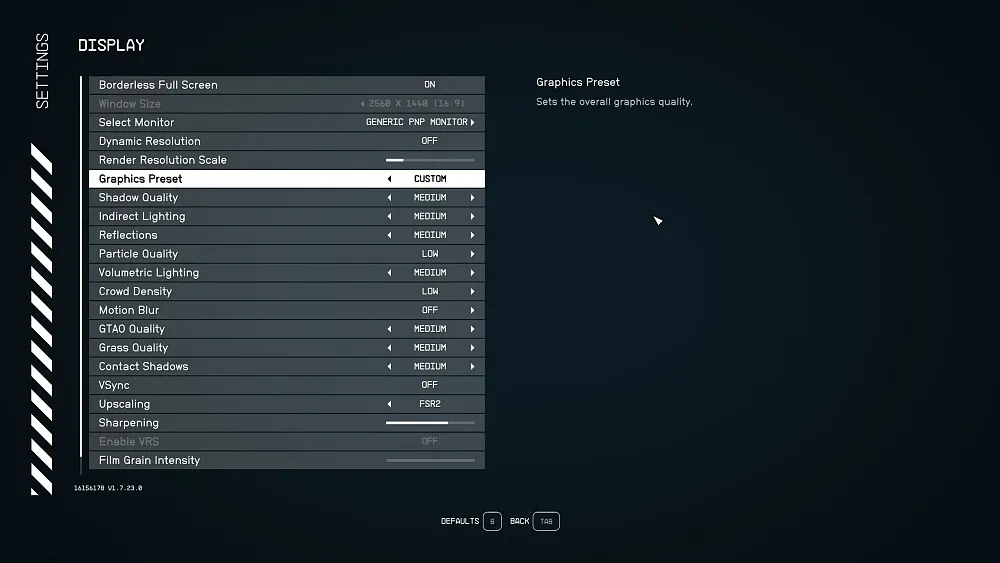 Graphical options screen for Starfield