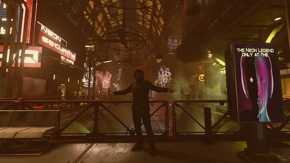 A character posing in a dank street full of bright neon storefront signs.