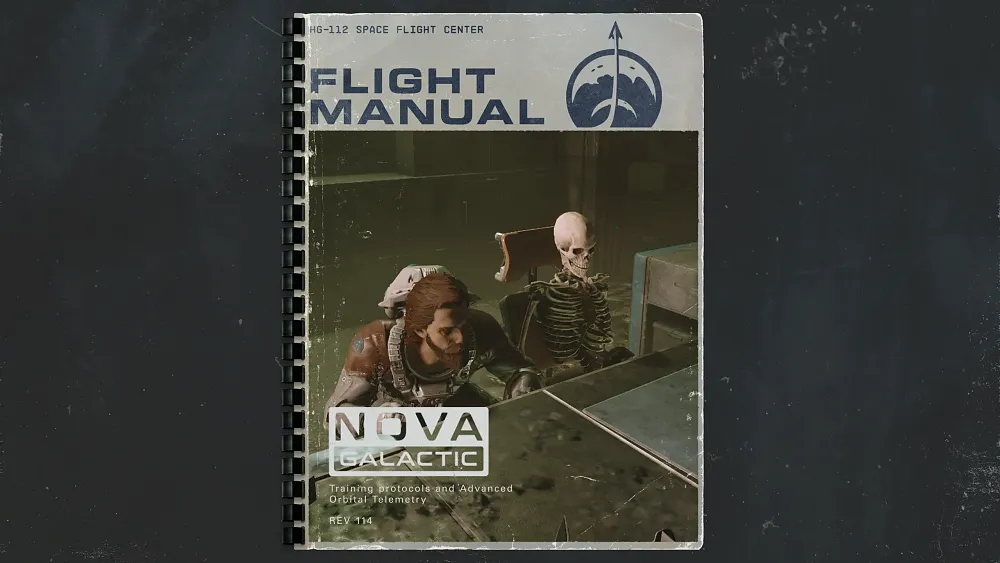 A character intently studying something on a desk with a skeleton.