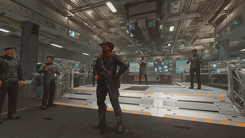 The player character in Starfield standing triumphantly as other space adventurers applaud him.
