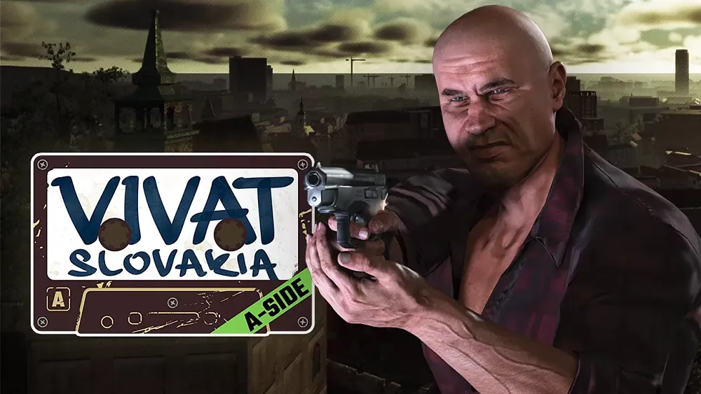 Key art showing a bald man aiming a pistol off screen and the title, Vivat Slovakia.