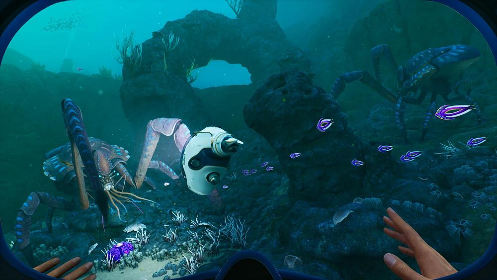 A first-person screenshot with underwater exploration from Subnautica 2.