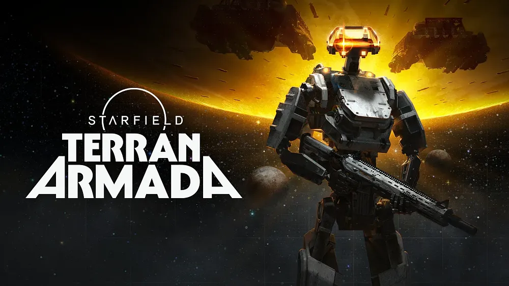 Art for the Terran Armada story DLC for Starfield. It shows a robot holding a weapon and ready for battle.