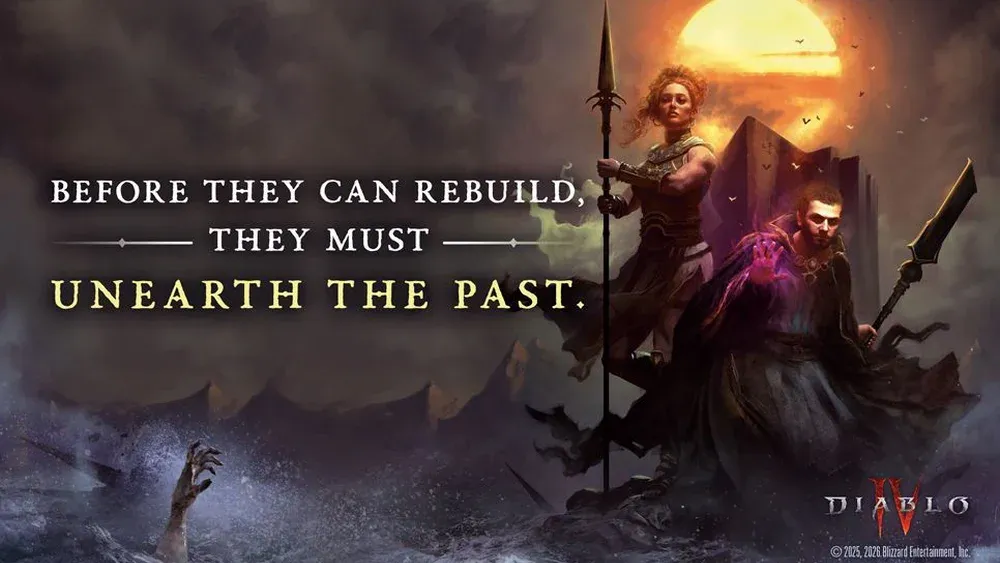 Promotional art for Diablo 4: The Lost Horadrim novel. The text reads "Before they can rebuild, they must unearth the past." The image shows a woman with a spear next to a warlock male who has a glaive-like weapon.