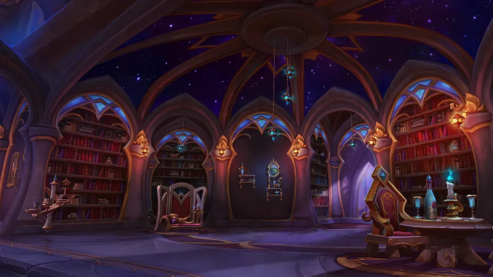 An image of a library room from a Mythic + dungeon in World of Warcraft: Midnight Season 1.