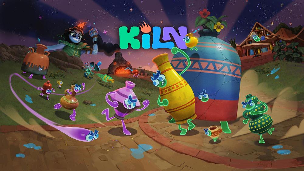 Art for the game, Kiln, from Double Fine. It shows several different sized pottery items with animated faces, arms, and legs, duking it out against one another.