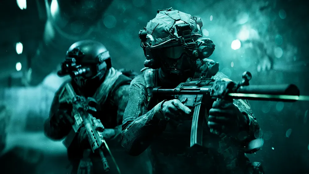 A promotional shot with two soldiers bathed in a "night vision" lighting from the Nightfall update for Battlefield 6 Season 2.
