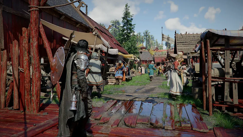 Screenshot from Crimson Desert showing what looks like the main character walking through a medieval marketplace.
