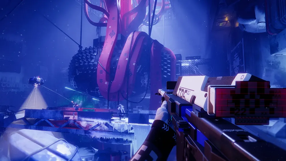 Screenshot from the Cryo Archive end-game zone in Marathon showing a very cold, frozen environment and a large, spiked pod.