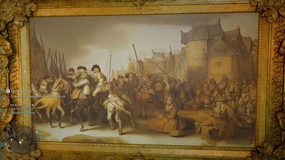 An in-game painting in Crimson Desert that shows obvious telltale signs of being created with early versions of generative AI. These include figures morphing together, added limbs, disfigured and unrecognizable facial features, and so on.