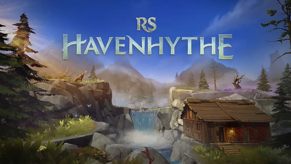 A digital artwork titled "RS Havenhythe" featuring a tranquil landscape with a wooden cabin by a waterfall, surrounded by mist-covered mountains, pine trees, and wolves on a rocky outcrop.