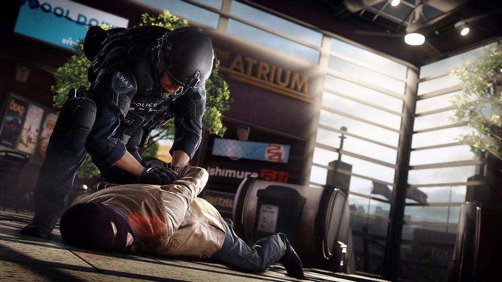 A cop arresting a masked criminal.