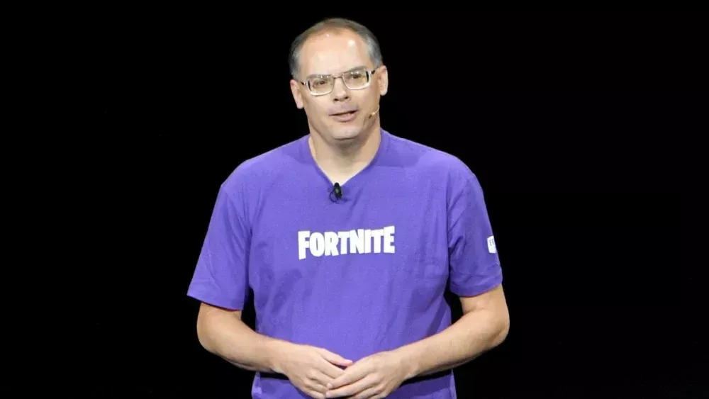Epic Games CEO Tim Sweeney wearing a Fortnite shirt.