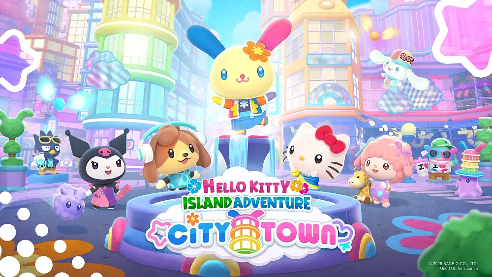 Art showing colorful, cute characters from the City Town DLC for Hello Kitty Island Adventure.