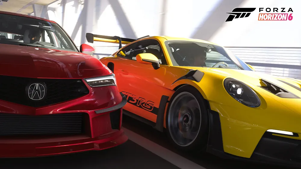 A red and yellow car racing against each other. The cards show ray traced reflections as well as ray traced global illumination effects in Forza Horizon 6.