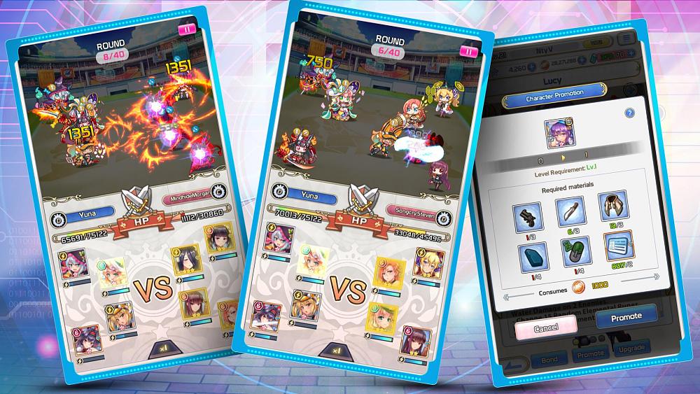 Image showing three different screenshots from the puzzle battle game, Project QT. It features some chibi looking anime fighters in 4v4 arrangements as well as a look at a character equipment page.