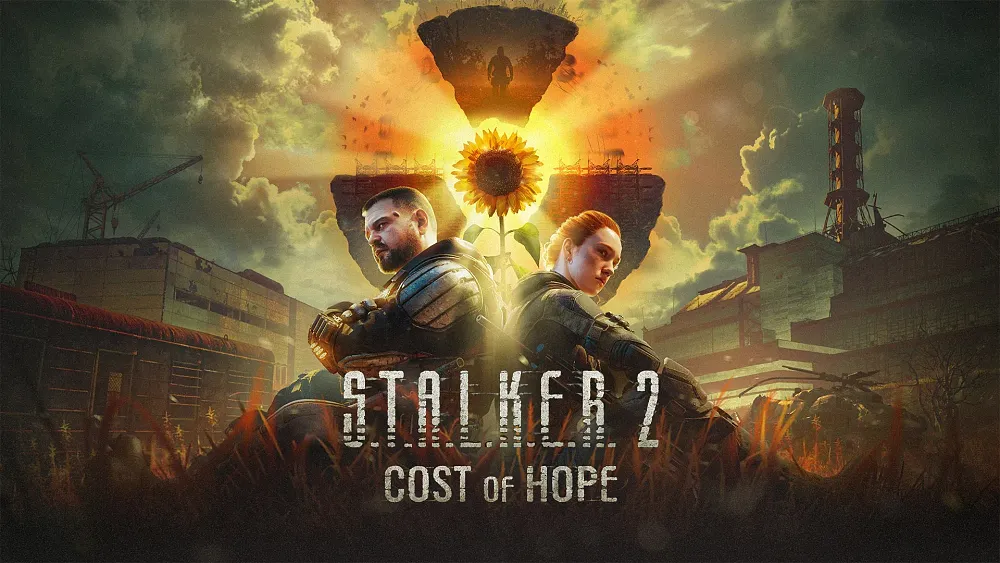 Key art for the Cost of Hope expansion coming for Stalker 2. This image shows a man with a beard and military style gear sitting back to back with a woman with military gear and red hair. In the background is the Chornobyl Nuclear Reactor as well as a radiation symbol with a sunflower in the middle.
