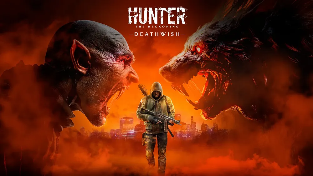 Key art for the game "Hunter: The Reckoning – Deathwish" featuring a central hooded hunter with a firearm standing between a snarling vampire and a roaring werewolf against a fiery orange cityscape.