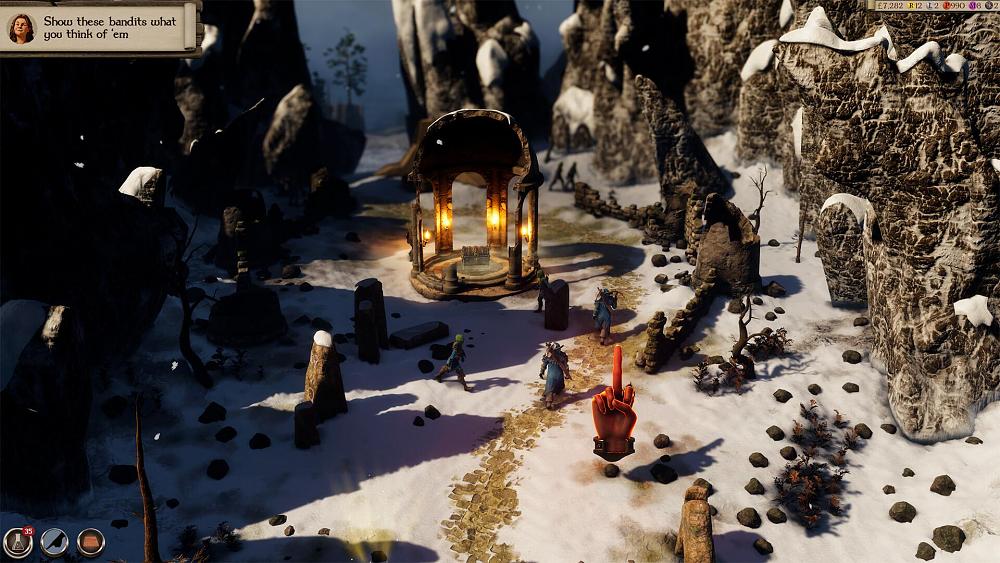Screenshot from Masters of Albion showing a semi-aerial view and a floating hand giving the middle finger.