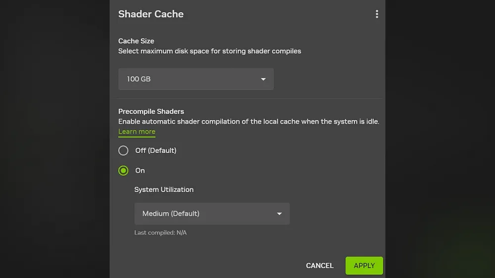 An options page where Nvidia users can enable a feature that will pre-compile shaders for games after a new driver update.